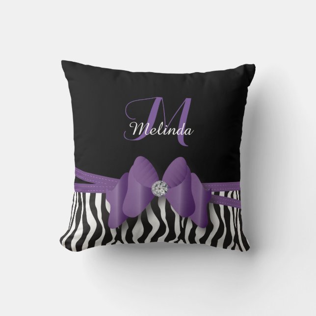 Amethyst Zebra Striped Bowed | Personalized Throw Pillow (Front)
