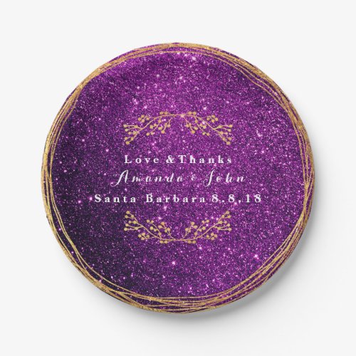 Ametyst Purple Plum Gold Floral Glitter Wedding Paper Plates