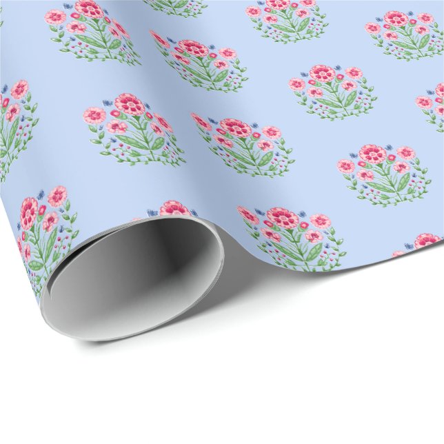 Amherst Floral Print on Blue  Wrapping Paper (Roll Corner)