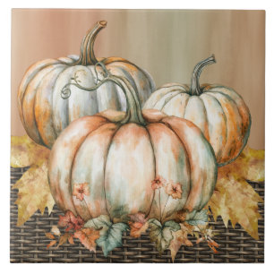 Amiable Orange, White and Green Watercolor Pumpkin Ceramic Tile