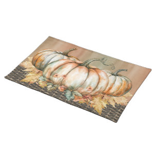 Amiable Orange, White and Green Watercolor Pumpkin Cloth Placemat