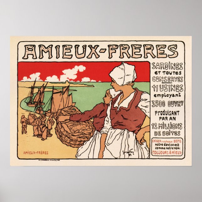 AMIEUX-FRERES sardine Fish Fisherman Old French Poster (Front)