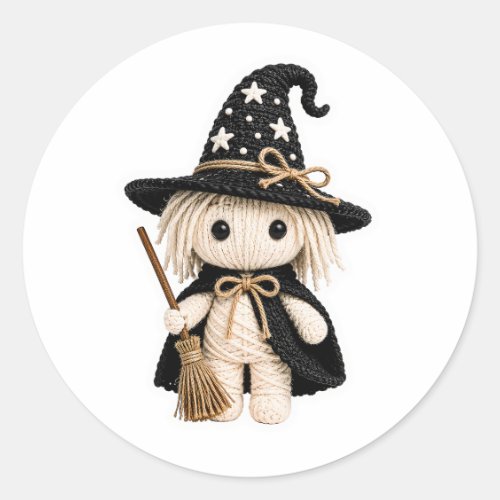 Amigurumi Style Stitched White Witch with Broom Classic Round Sticker