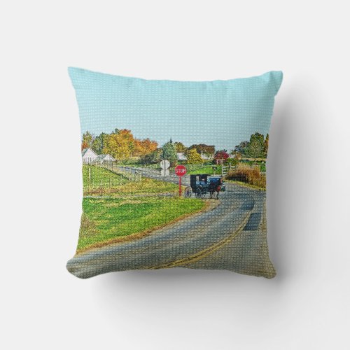 AMISH BUGGY IN PEACEFUL COUNTRYSIDE THROW PILLOW