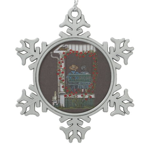 Amish Couple On Porch Swing Snowflake Pewter Christmas Ornament