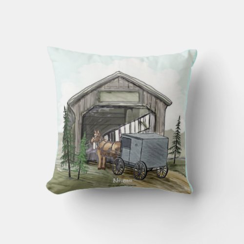Amish Covered Bridge Throw Pillow