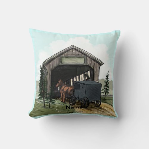 Amish Covered Bridge Throw Pillow