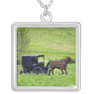 Amish horse and buggy near Berlin, Ohio. Silver Plated Necklace