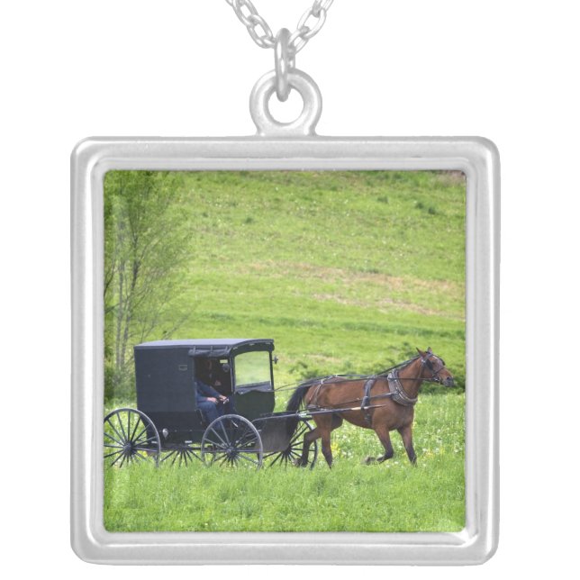Amish horse and buggy near Berlin, Ohio. Silver Plated Necklace (Front)