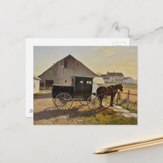 Amish Horse and Buggy Painting Postcard (Front/Back In Situ)