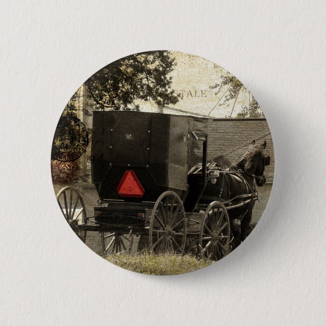 Amish Horse and Buggy Sepia Postcard Digital Art Button (Front)