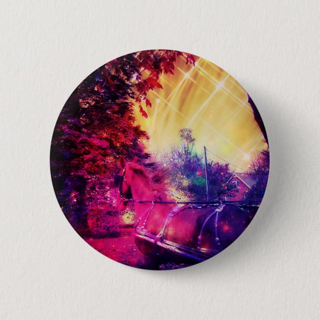Amish Horse and Buggy Trippy Colorful Digital Art Pinback Button (Front)