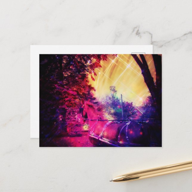 Amish Horse and Buggy Trippy Colorful Digital Art Postcard (Front/Back In Situ)