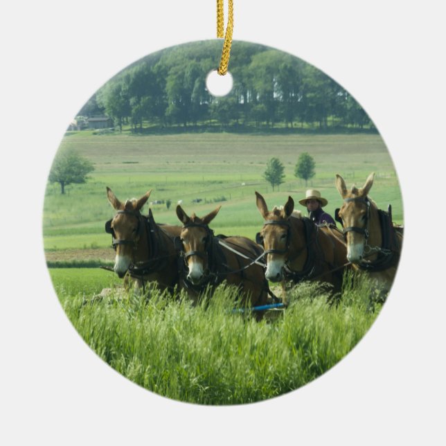 Amish Horse Drawn Plow Ceramic Ornament (Front)