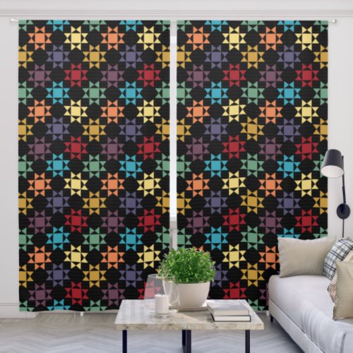 Amish Quilt Print Bright Colors on Black Blackout Curtains