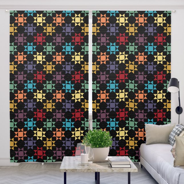 Amish Quilt Print Bright Colors on Black Blackout Curtains (Living Room)