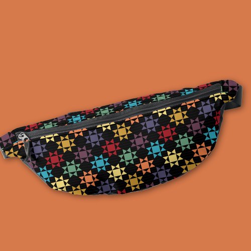 Amish Quilt Print Bright Colors on Black Patterned Fanny Pack