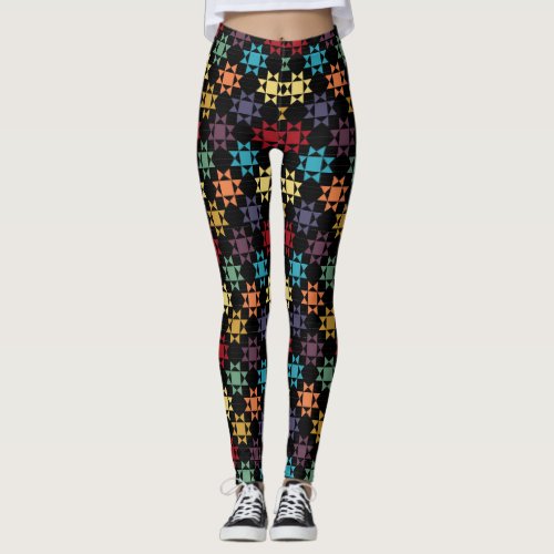 Amish Quilt Print Bright Colors on Black Patterned Leggings