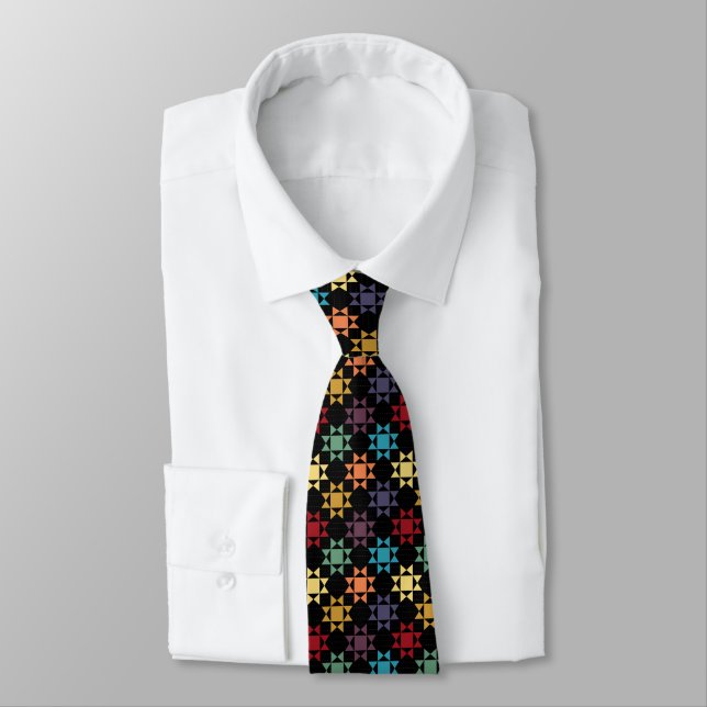Amish Quilt Print Bright Colors on Black Patterned Neck Tie (Tied)