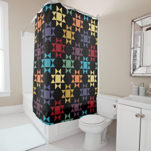 Amish Quilt Print Bright Colors on Black Patterned Shower Curtain