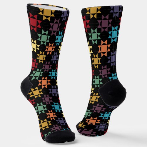 Amish Quilt Print Bright Colors on Black Patterned Socks