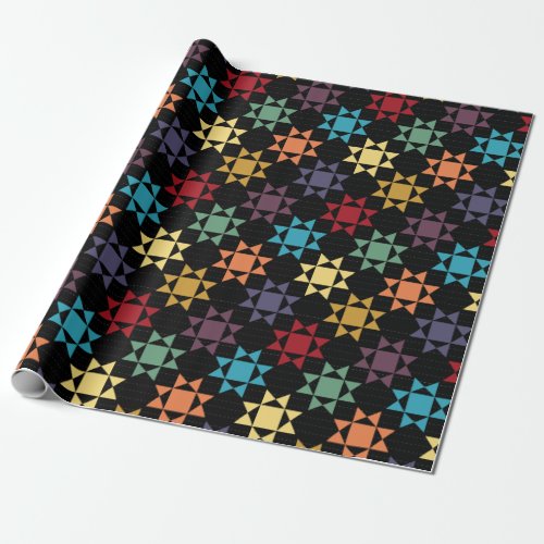 Amish Quilt Print Bright Colors on Black Patterned Wrapping Paper