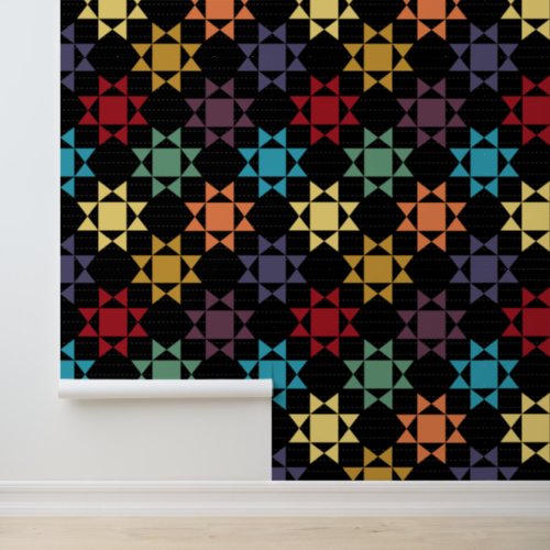 Amish Quilt Print Bright Colors on Black Wallpaper