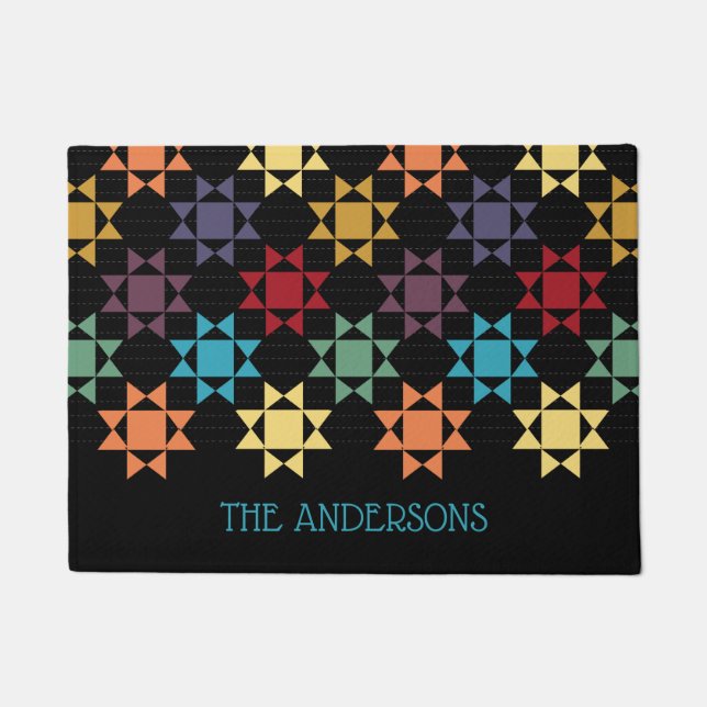 Amish Quilt Print Bright Colors Personalized Doormat (Front)