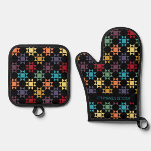 Amish Quilt Print Bright Colors Personalized Oven Mitt & Pot Holder Set
