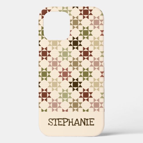 Amish Quilt Print Cream Brown Personalized iPhone 12 Pro Case