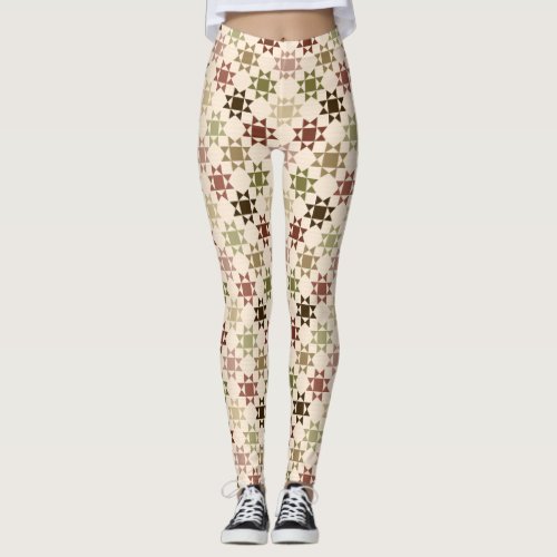 Amish Quilt Print Cream Neutral Colors Patterned Leggings