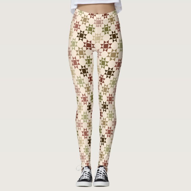 Amish Quilt Print Cream Neutral Colors Patterned Leggings (Front)