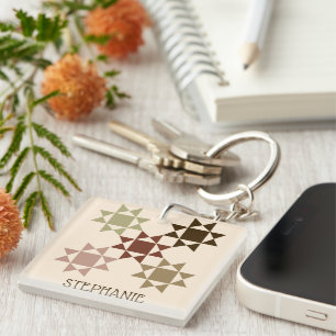 Amish Quilt Print Neutral Colors Personalized Keychain