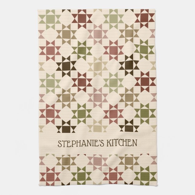 Amish Quilt Print Neutral Colors Personalized Kitchen Towel (Vertical)