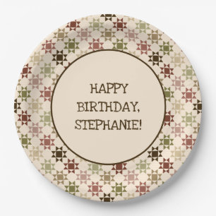 Amish Quilt Print Neutral Colors Personalized Paper Plates