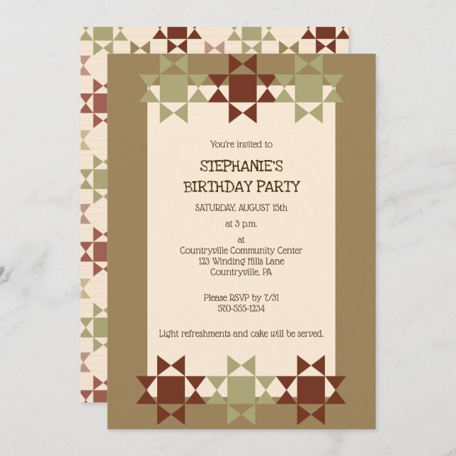 Amish Quilt Print Quilting Themed Custom Party Inv Invitation (Front/Back)