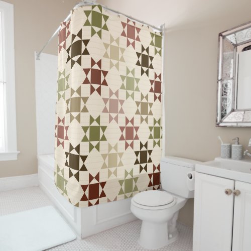 Amish Quilt Print Sage Green Cream Patterned Shower Curtain