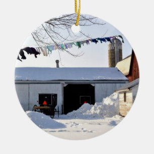 Amish Snowy Barnyard Christmas Ornament