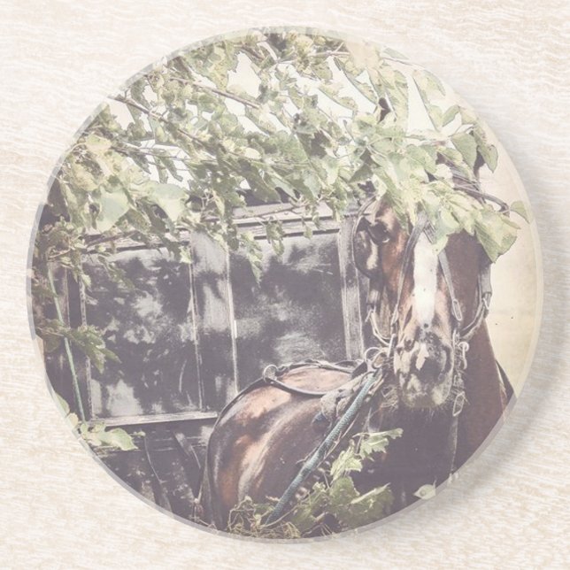 amish Waiting Horse Sandstone Coaster (Front)