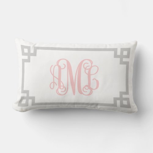 AML Gray and Pink Greek Key Script Monogram Lumbar Pillow
