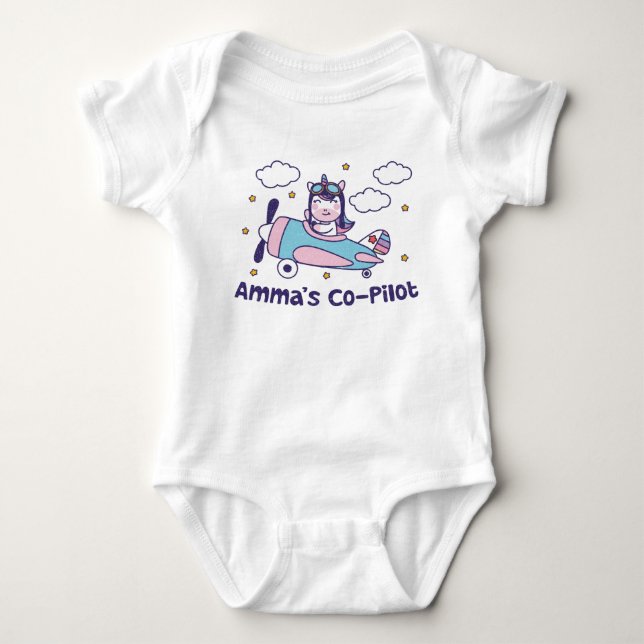 Amma's Co-Pilot - Unicorn Airplane Baby Bodysuit (Front)