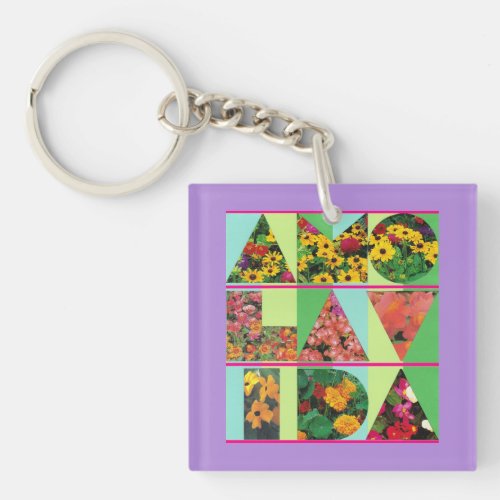 AMO LA VIDA Blue Green Floral Lavender Rim Keychain