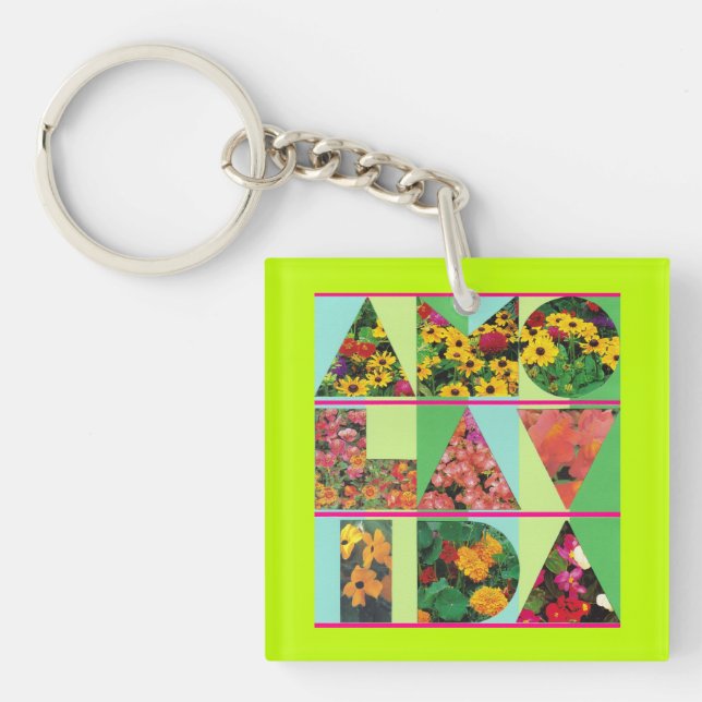 AMO LA VIDA Blue Green Floral Lime Rim Keychain (Front)