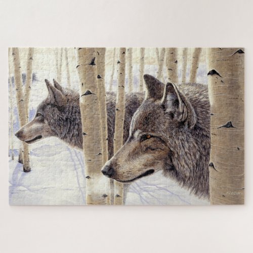 Among the Aspens Two Wolves in Winter Snow Art Jigsaw Puzzle