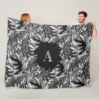 Among the Leaves Monogram Black and White Fleece Blanket