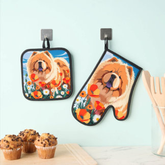 AMONG THE POPPIES Chow Oven Mitt & Pot Holder Set