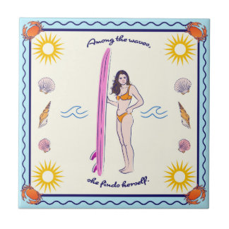 "Among the waves, she finds herself." Ceramic Tile