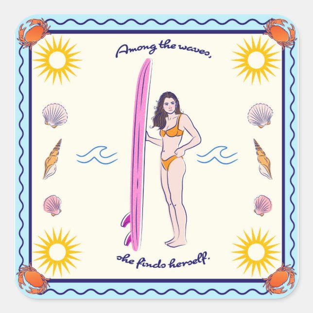 Among the waves, she finds herself. square sticker (Front)