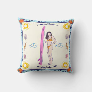 Among the waves, she finds herself. throw pillow