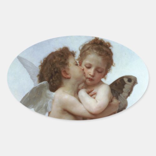 Amor and Psyche as Children Angels First Kiss Oval Sticker